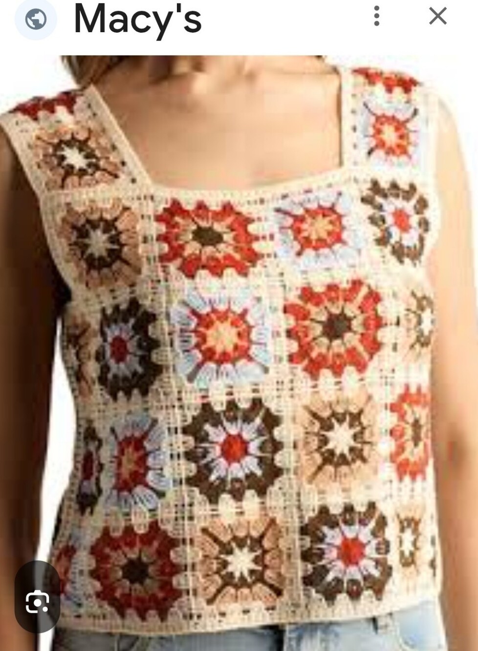 BCX Junior's Crochet Patchwork Crop Top in Rust, Cream, Blue, Black.    Size M